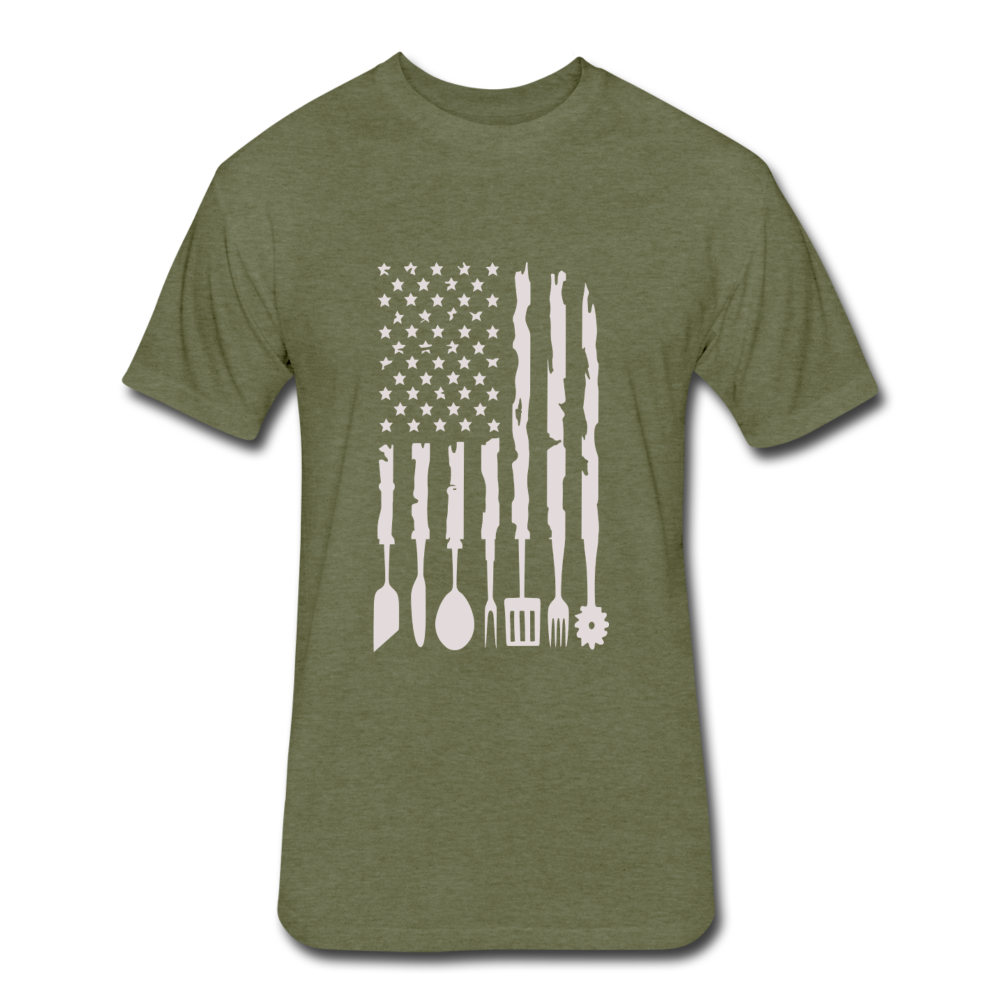 Distressed BBQ Utensil American Flag T-Shirt - heather military green