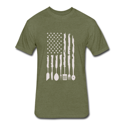 Distressed BBQ Utensil American Flag T-Shirt - heather military green